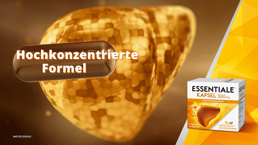 ESSENTIALE® Kapsel 300 mg. Beschleunigt die Leberregeneration. Mehr als 200 klinische Studien.